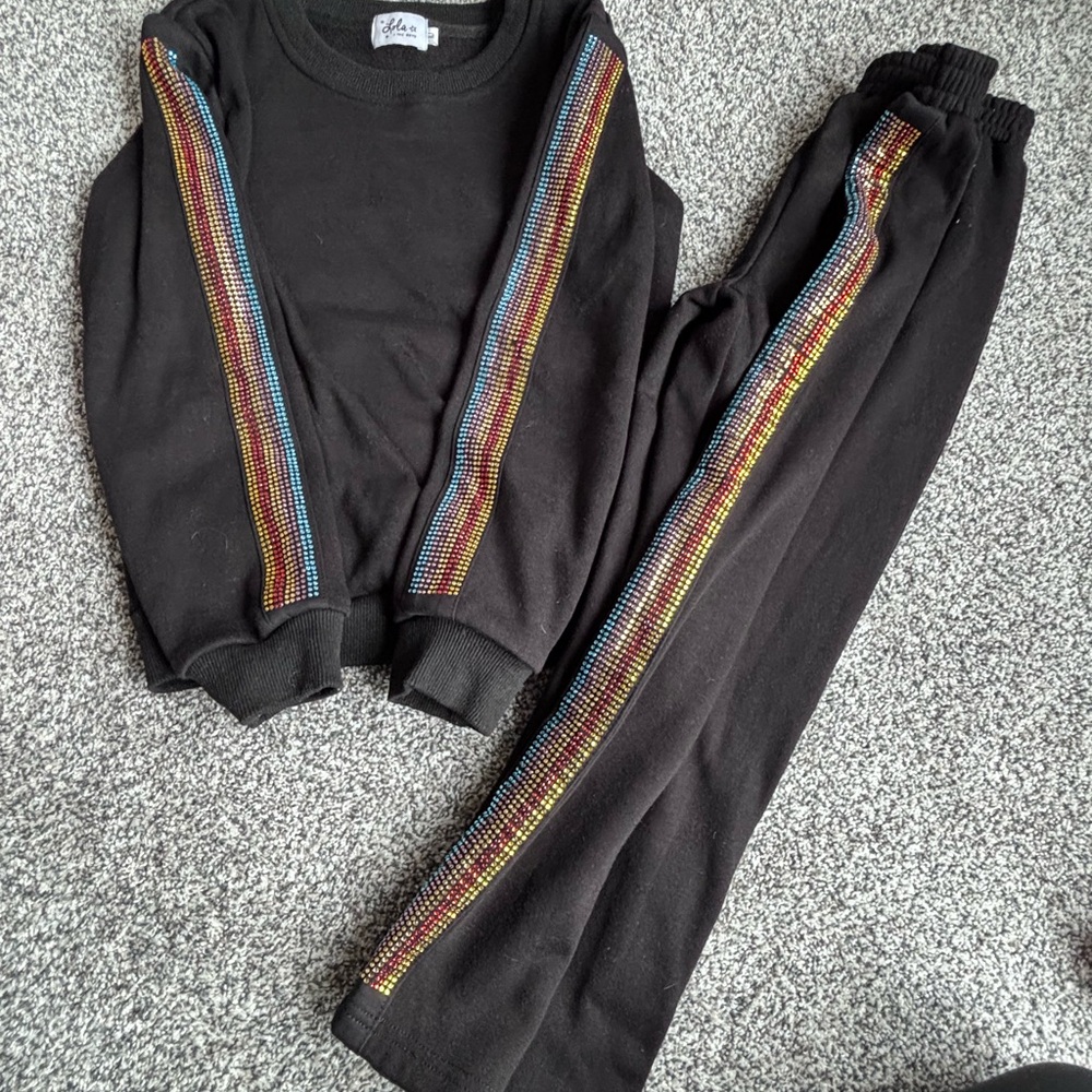 Lola + The Boys Black Kids Matching Set with Rainbow Rhinestone Stripes